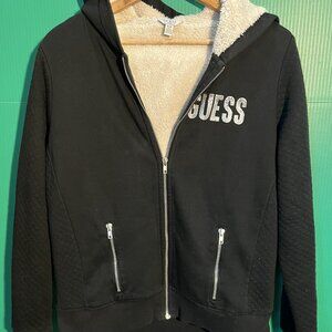 GUESS Women’s XL Black Sherpa Lined Hoodie Zip Jacket Quilted Sleeves Logo Fleec